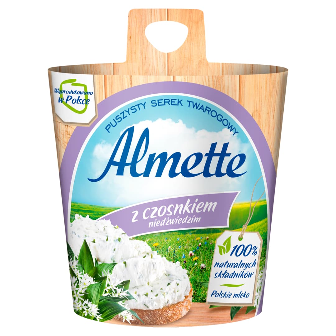 ALMETTE Puszysty serek twarogowy z czosnkiem niedzwiedzim. 35,93 zl/kg