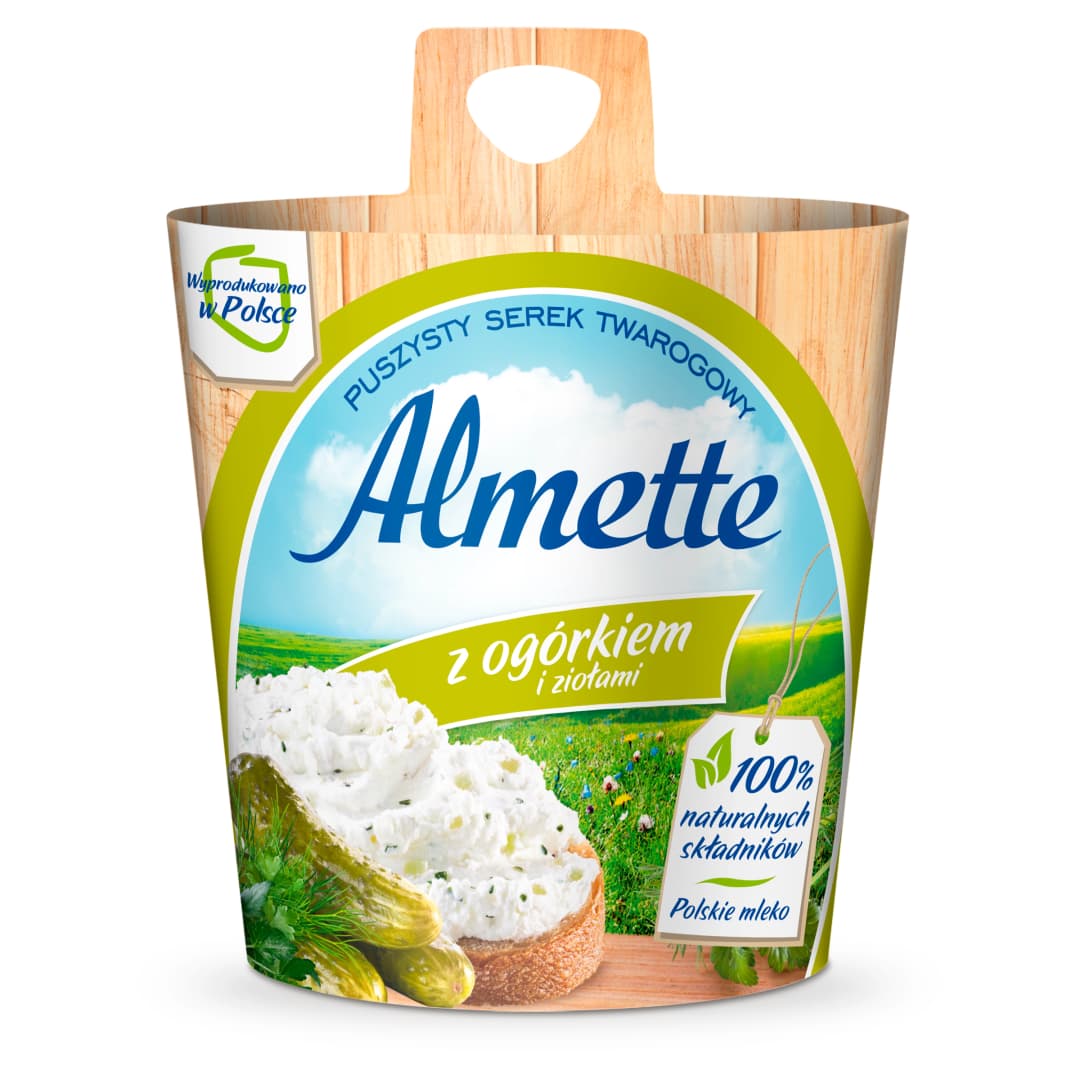 ALMETTE Puszysty serek twarogowy z ogorkiem i ziolami. 35,93 zl/kg